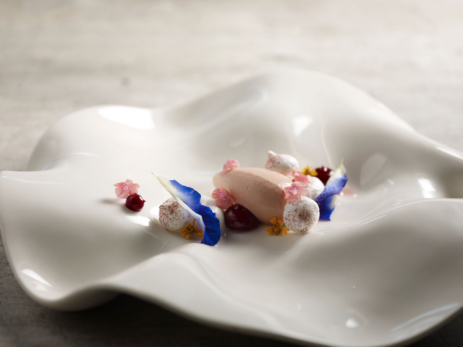 Guava yoghurt sorbet, lychee-coconut mousse, raspberry puree, rose meringue with Hibiscus powder